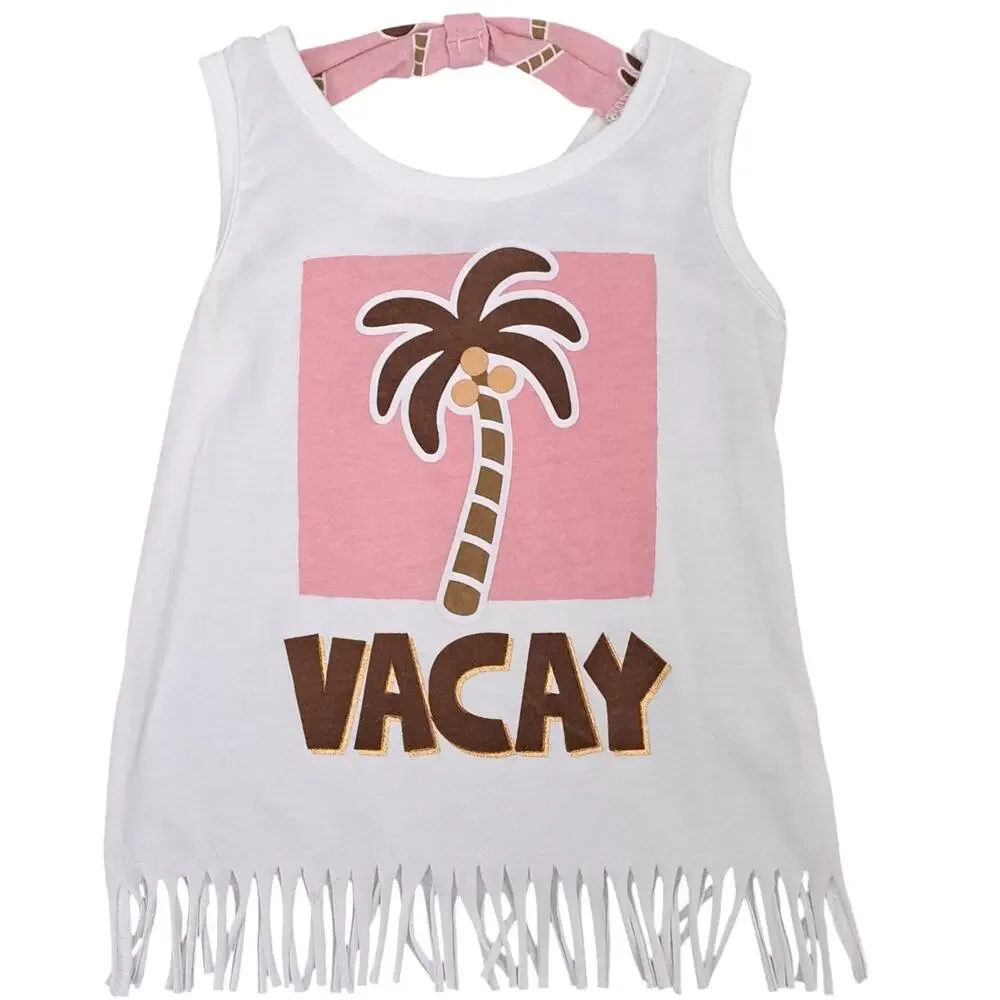 Girl's Pink White Vacay Palm Tree Graphic Fringed Top Shorts Set 2T NWOT